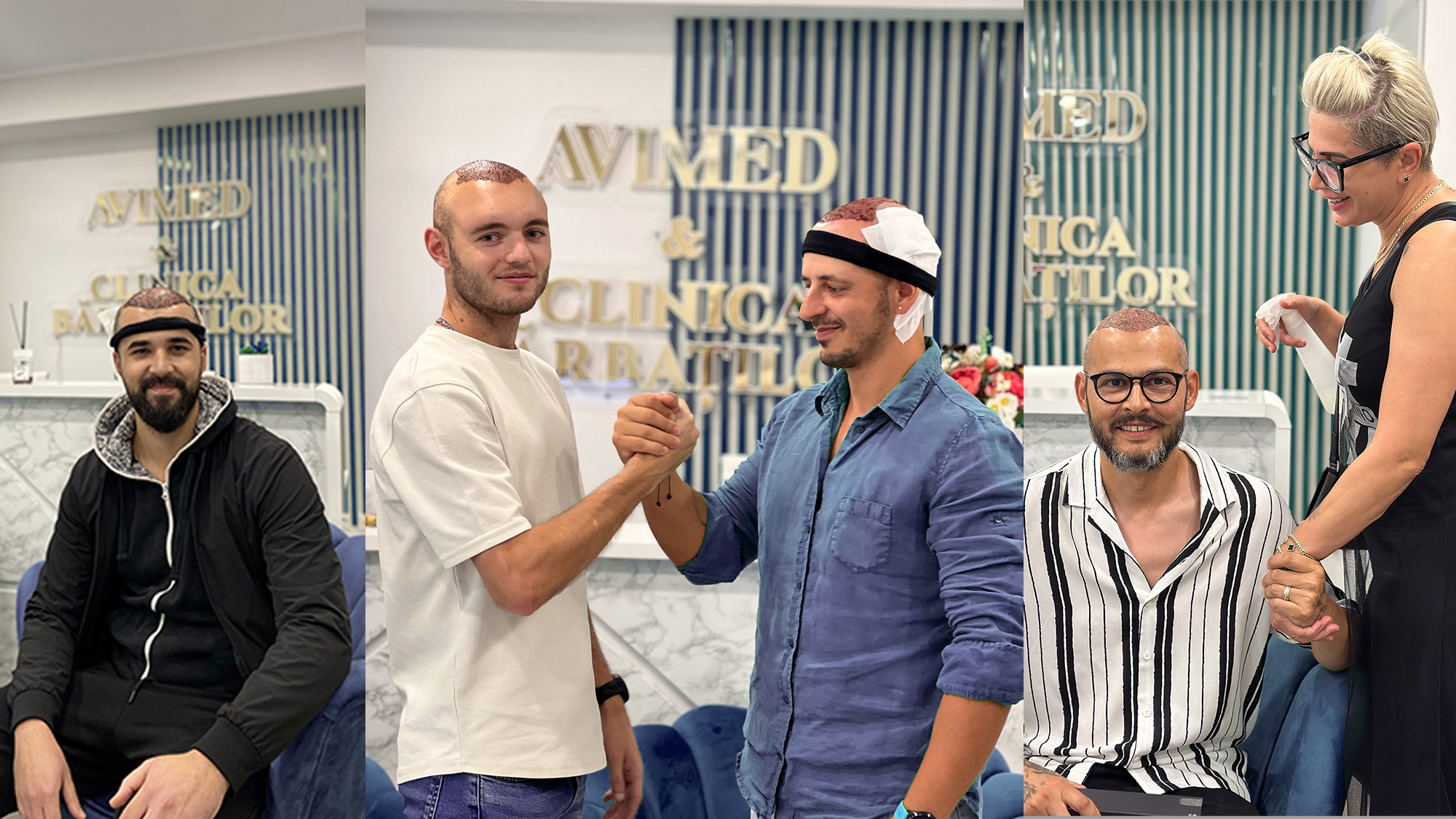 Pacienti fericiti care tocmai si-au facut interventia de transplant de par la Clincia Barbatilor